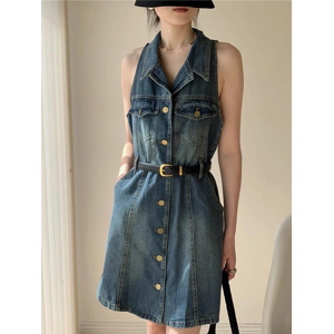 Zoki Vintage Denim Vest Dress Summer New Halter Sleeveless Button Slim Mid Dress Eleg Zoki Vintage Denim Vest Dress Summer New Halter Sleeveless Button Slim Mid Dress Eleg