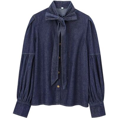 Womens Denim Blouse Pullover Embellished Long Puff Sleeve Jean Buttoned8171 Womens Denim Blouse Pullover Embellished Long Puff Sleeve Jean Buttoned8171