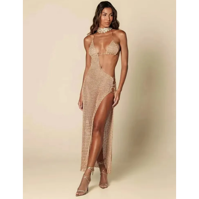 S M L Sexy Slim Low-Cut Tied Knit Halter Neck Slit Beach Swimsuit Cover Up Wear S M L Sexy Slim Low-Cut Tied Knit Halter Neck Slit Beach Swimsuit Cover Up Wear