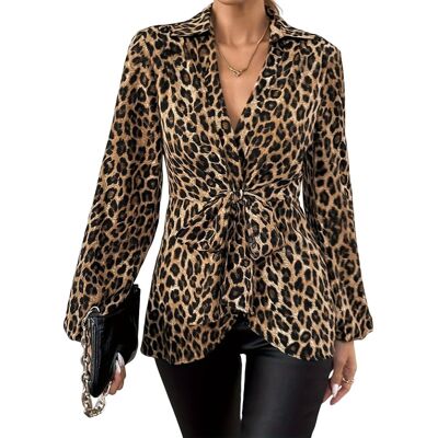 2x(Women'S Leopard Print Blouse Long Sleeve V Neck Tie Front Lapel Collar6207 2x(Women'S Leopard Print Blouse Long Sleeve V Neck Tie Front Lapel Collar6207