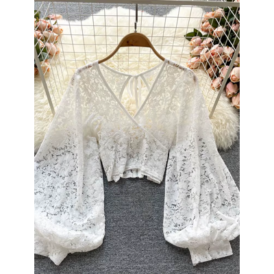 Does Not Apply Sexy Lace V-Neck Puff Sleeve Open Back Crop Top Women Party Blouse Does Not Apply Sexy Lace V-Neck Puff Sleeve Open Back Crop Top Women Party Blouse
