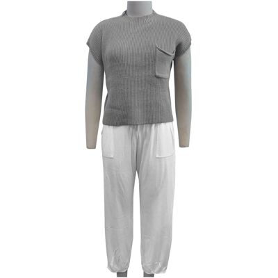 Two Pieces Knitted Sweater Pants Suit Short Sleeve Front Pocket Knitted Swe Two Pieces Knitted Sweater Pants Suit Short Sleeve Front Pocket Knitted Swe