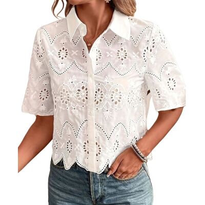2x(Women Short Sleeve Button Down Collared Blouses Embroidery Eyelet Top8513 2x(Women Short Sleeve Button Down Collared Blouses Embroidery Eyelet Top8513
