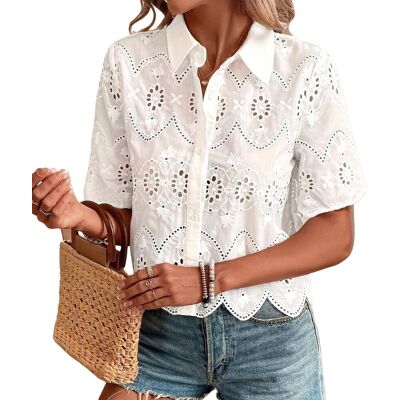 2x(Women Short Sleeve Button Down Collared Blouses Embroidery Eyelet Top7868 2x(Women Short Sleeve Button Down Collared Blouses Embroidery Eyelet Top7868