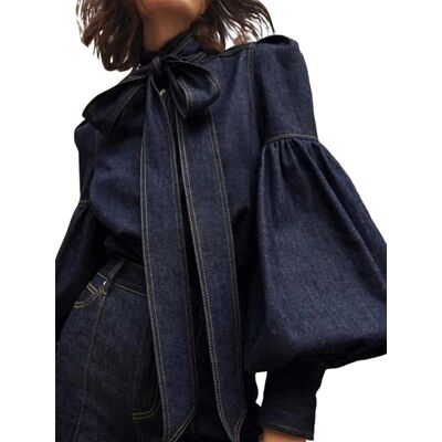 Womens Denim Blouse Pullover Embellished Long Puff Sleeve Jean Buttoned2542 Womens Denim Blouse Pullover Embellished Long Puff Sleeve Jean Buttoned2542