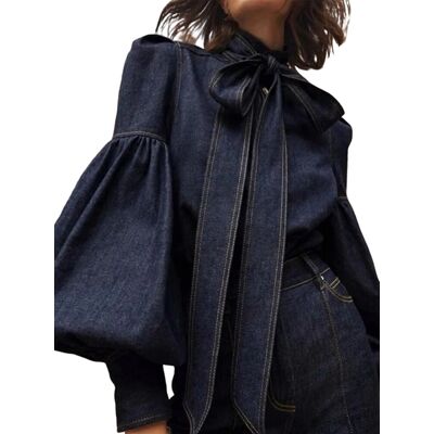 Womens Denim Blouse Pullover Embellished Long Puff Sleeve Jean Buttoned4754 Womens Denim Blouse Pullover Embellished Long Puff Sleeve Jean Buttoned4754