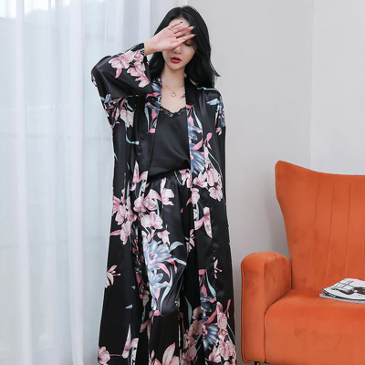 3pcs S-Xl Kimono Bathrobe Pajamas Set Floral Printed Fashion Long Robe For Women 3pcs S-Xl Kimono Bathrobe Pajamas Set Floral Printed Fashion Long Robe For Women