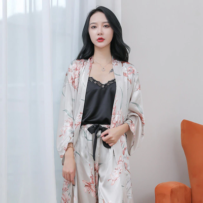 3pcs S-Xl Kimono Bathrobe Pajamas Set Floral Printed Fashion Long Robe For Women 3pcs S-Xl Kimono Bathrobe Pajamas Set Floral Printed Fashion Long Robe For Women