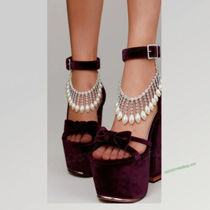 Chentel Noble Velvet Chain Decor Platform Sandals Bow Knot Chunky Heel High Heel Shoes Eu35-46 Chentel Noble Velvet Chain Decor Platform Sandals Bow Knot Chunky Heel High Heel Shoes Eu35-46