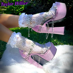 Zobairou Pearl Chain Heels Platform Heeled Sandals Chunky Heel Women Luxury Designer Shoe Zobairou Pearl Chain Heels Platform Heeled Sandals Chunky Heel Women Luxury Designer Shoe