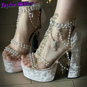 Zobairou Pearl Chain Heels Platform Heeled Sandals Chunky Heel Women Luxury Designer Shoe Zobairou Pearl Chain Heels Platform Heeled Sandals Chunky Heel Women Luxury Designer Shoe
