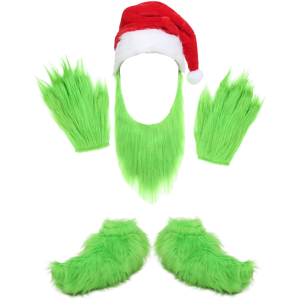 Branded 4 Pcs Green Monster Beard Santa Hat With Furry Gloves Shoes Green Monster Plush Branded 4 Pcs Green Monster Beard Santa Hat With Furry Gloves Shoes Green Monster Plush