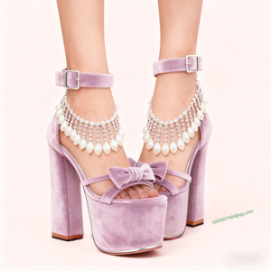 Chentel Noble Velvet Chain Decor Platform Sandals Bow Knot Chunky Heel High Heel Shoes Eu35-46 Chentel Noble Velvet Chain Decor Platform Sandals Bow Knot Chunky Heel High Heel Shoes Eu35-46
