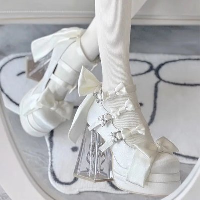 None Mary Jane Super High Heel Transparent Crystal Heel Platform Bow Shoes - 5 Colour None Mary Jane Super High Heel Transparent Crystal Heel Platform Bow Shoes - 5 Colour