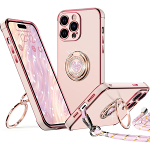 Does Not Apply For Iphone 15 Pro Max Case With Stand, Double Ring Holder Case Heart With Lanyar Does Not Apply For Iphone 15 Pro Max Case With Stand, Double Ring Holder Case Heart With Lanyar