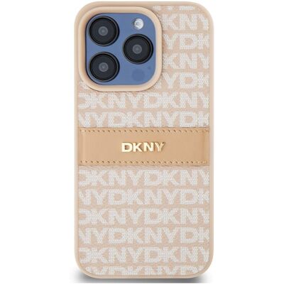 DKNY Pink Leather iPhone 15 Pro Max Case - Striped Pattern & Metal Logo DKNY Pink Leather iPhone 15 Pro Max Case - Striped Pattern & Metal Logo