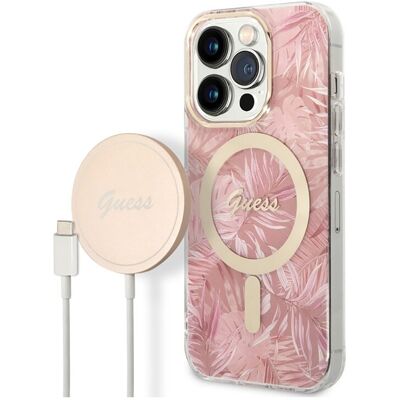 Guess Pink MagSafe Case & Charger for iPhone 14 Pro - Jungle Collection Guess Pink MagSafe Case & Charger for iPhone 14 Pro - Jungle Collection