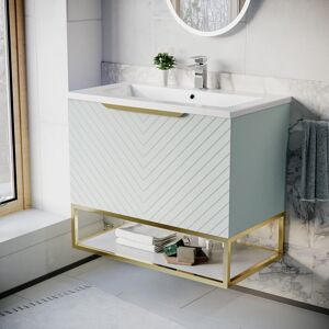 Nes Home 800mm Wall Hung Green Drawers Basin Vanity Brushed Brass Frame & Handle Nes Home 800mm Wall Hung Green Drawers Basin Vanity Brushed Brass Frame & Handle