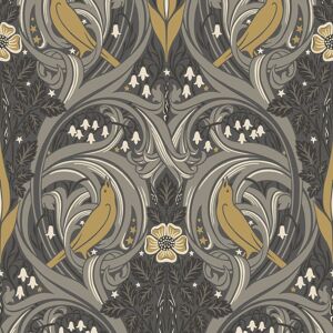 Et12208 - Arts And Crafts Bird Scroll Charcoal Grey Yellow Galerie Wallpaper Et12208 - Arts And Crafts Bird Scroll Charcoal Grey Yellow Galerie Wallpaper