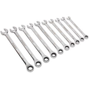 Combination Ratchet Spanner Set 10pc Extra-Long Metric - Sealey Ak63914 New Combination Ratchet Spanner Set 10pc Extra-Long Metric - Sealey Ak63914 New