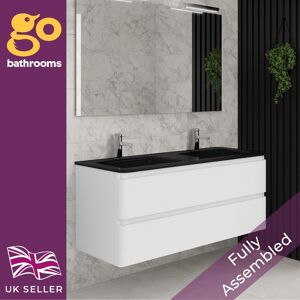 The Bath People 1200 White Gloss Vanity Unit Wall Hung 2 Drawer Black Glass Basin Bathroom The Bath People 1200 White Gloss Vanity Unit Wall Hung 2 Drawer Black Glass Basin Bathroom