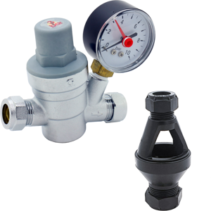 Unvented Components Europe Adjustable Pressure Reducing Valve 15mm With Gauge + Straight Plastic Tundish 15 Unvented Components Europe Adjustable Pressure Reducing Valve 15mm With Gauge + Straight Plastic Tundish 15