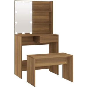 Dressing Table Set With Led Brown Oak Engineered Wood Makeup Vidaxl Dressing Table Set With Led Brown Oak Engineered Wood Makeup Vidaxl