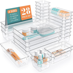 Does Not Apply 28 Pcs Clear Plastic Drawer Organizers Set, 4 Size Desk Drawer Organizer Trays F Does Not Apply 28 Pcs Clear Plastic Drawer Organizers Set, 4 Size Desk Drawer Organizer Trays F