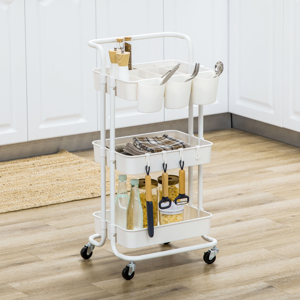 Homcom 3-Tier Utility Cart Rolling Serving Trolley With Baskets And Hooks White Homcom 3-Tier Utility Cart Rolling Serving Trolley With Baskets And Hooks White