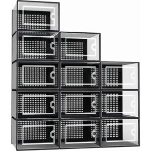 Taylor 12 Pk Clear Shoe Storage Box Rack Plastic Organiser Boxes Stackable Black Frame Taylor 12 Pk Clear Shoe Storage Box Rack Plastic Organiser Boxes Stackable Black Frame