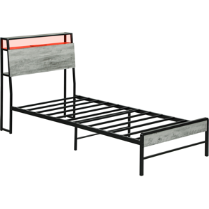 Homcom Led Single Bed Frame With Charging Station 90 X 190cm - Cement Grey Homcom Led Single Bed Frame With Charging Station 90 X 190cm - Cement Grey