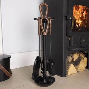 Charles Bentley Fig Fireside Companion Set Leather Finished Handles Black Matte Circular Base Charles Bentley Fig Fireside Companion Set Leather Finished Handles Black Matte Circular Base