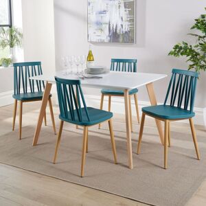Home Source Dining Table Set 120cm White Top Wooden Legs 4 Geometric Teal Kitchen Chairs Home Source Dining Table Set 120cm White Top Wooden Legs 4 Geometric Teal Kitchen Chairs