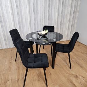 Round Glass Black Dining Table With Storage Shelf , 4 Black Tufted Velvet Chairs Round Glass Black Dining Table With Storage Shelf , 4 Black Tufted Velvet Chairs
