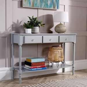 Home Source Hallway Console Table Stylish Grey Painted Wooden 3 Drawer Side Desk Undershelf Home Source Hallway Console Table Stylish Grey Painted Wooden 3 Drawer Side Desk Undershelf