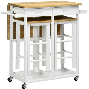 Homcom Bamboo Breakfast Cart With Drop Leaf Table And 2 Stools Drawers White New Homcom Bamboo Breakfast Cart With Drop Leaf Table And 2 Stools Drawers White New