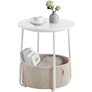 Vasagle Round Coffee Table With Fabric Basket Storage Modern Matte White Camel Brown Vasagle Round Coffee Table With Fabric Basket Storage Modern Matte White Camel Brown