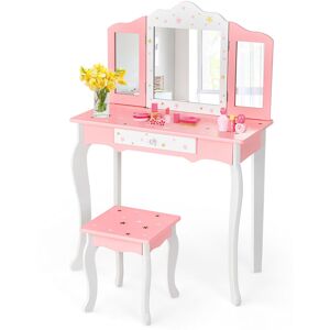 Costway Kids Vanity Table & Stool Set Wooden Princess Makeup Dressing Table W/ Mirror Costway Kids Vanity Table & Stool Set Wooden Princess Makeup Dressing Table W/ Mirror