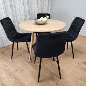 Round Oak Effect Kitchen Dining Table With 4 Black Velvet Tufted Chairs Set Round Oak Effect Kitchen Dining Table With 4 Black Velvet Tufted Chairs Set