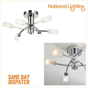 National Lighting 6 Way Ceiling Light G9 Chrome & Frosted Glass Shades With Semi Flush Fitting National Lighting 6 Way Ceiling Light G9 Chrome & Frosted Glass Shades With Semi Flush Fitting