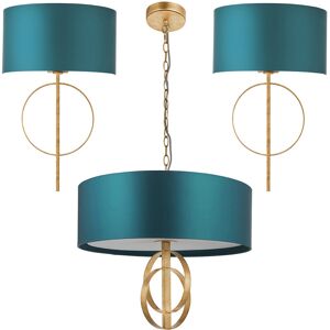 Loops Antique Gold Hoop 3 Bulb Ceiling Pendant & 2x Wall Light Bundle - Teal Shade Loops Antique Gold Hoop 3 Bulb Ceiling Pendant & 2x Wall Light Bundle - Teal Shade