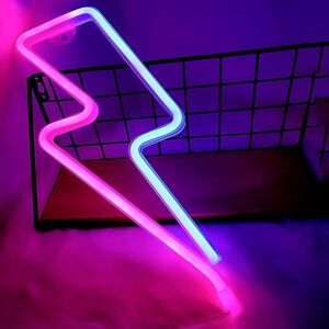 Led Flash Neon Light Sign: Pink And Blue Lightning Bolt Neon Sign For Bedroom, U Led Flash Neon Light Sign: Pink And Blue Lightning Bolt Neon Sign For Bedroom, U