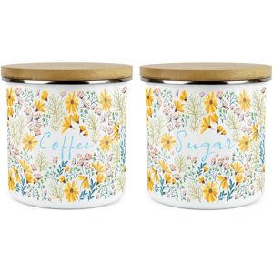 Purely Home Coffee & Sugar Storage Canisters - 2x Floral Daisies Enamel Kitchen Container Purely Home Coffee & Sugar Storage Canisters - 2x Floral Daisies Enamel Kitchen Container