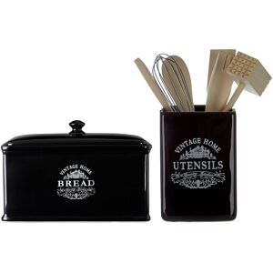 Premier Housewares Black Ceramic Vintage Bread Bin And Utensil Holder With Wooden Utensils Included Premier Housewares Black Ceramic Vintage Bread Bin And Utensil Holder With Wooden Utensils Included