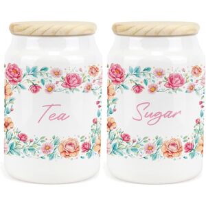 Purely Home Ceramic Tapered Flower Border Canisters - Floral Tea & Sugar Storage Purely Home Ceramic Tapered Flower Border Canisters - Floral Tea & Sugar Storage