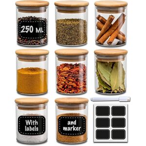Praknu Set Of 8 Glass Spice Jars With Bamboo Lids - 250 Ml - With Labels & Erasable Ma Praknu Set Of 8 Glass Spice Jars With Bamboo Lids - 250 Ml - With Labels & Erasable Ma