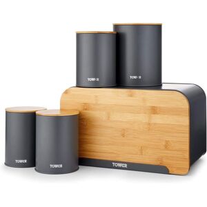 5pc Kitchen Canisters, Breadbin Set, Tower T826140gry Scandi Bamboo & Grey 5pc Kitchen Canisters, Breadbin Set, Tower T826140gry Scandi Bamboo & Grey