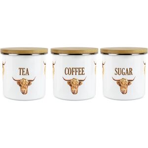 Purely Home Tea, Coffee & Sugar Highland Cow Canisters - 3x Enamel Kitchen Storage Jar Purely Home Tea, Coffee & Sugar Highland Cow Canisters - 3x Enamel Kitchen Storage Jar