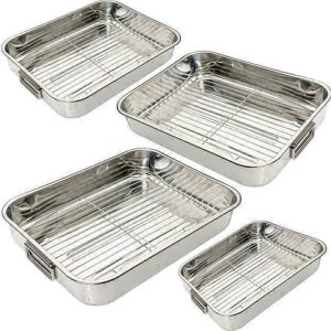 Prima 4pc Set Stainless Steel Roasting Tray Oven Baking Roaster Tin Grill Rack Pan Dis Prima 4pc Set Stainless Steel Roasting Tray Oven Baking Roaster Tin Grill Rack Pan Dis