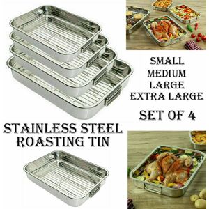 Prima 4pc Roasting Tins Stainless Steel Trays Oven Pan Dish Baking Roaster Tray Rack Prima 4pc Roasting Tins Stainless Steel Trays Oven Pan Dish Baking Roaster Tray Rack